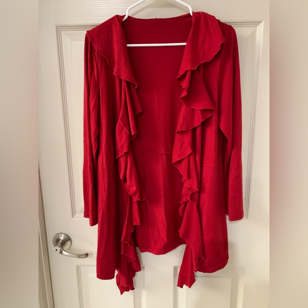 Red Woman’s Short Duster Jacket with Ruffled Collar